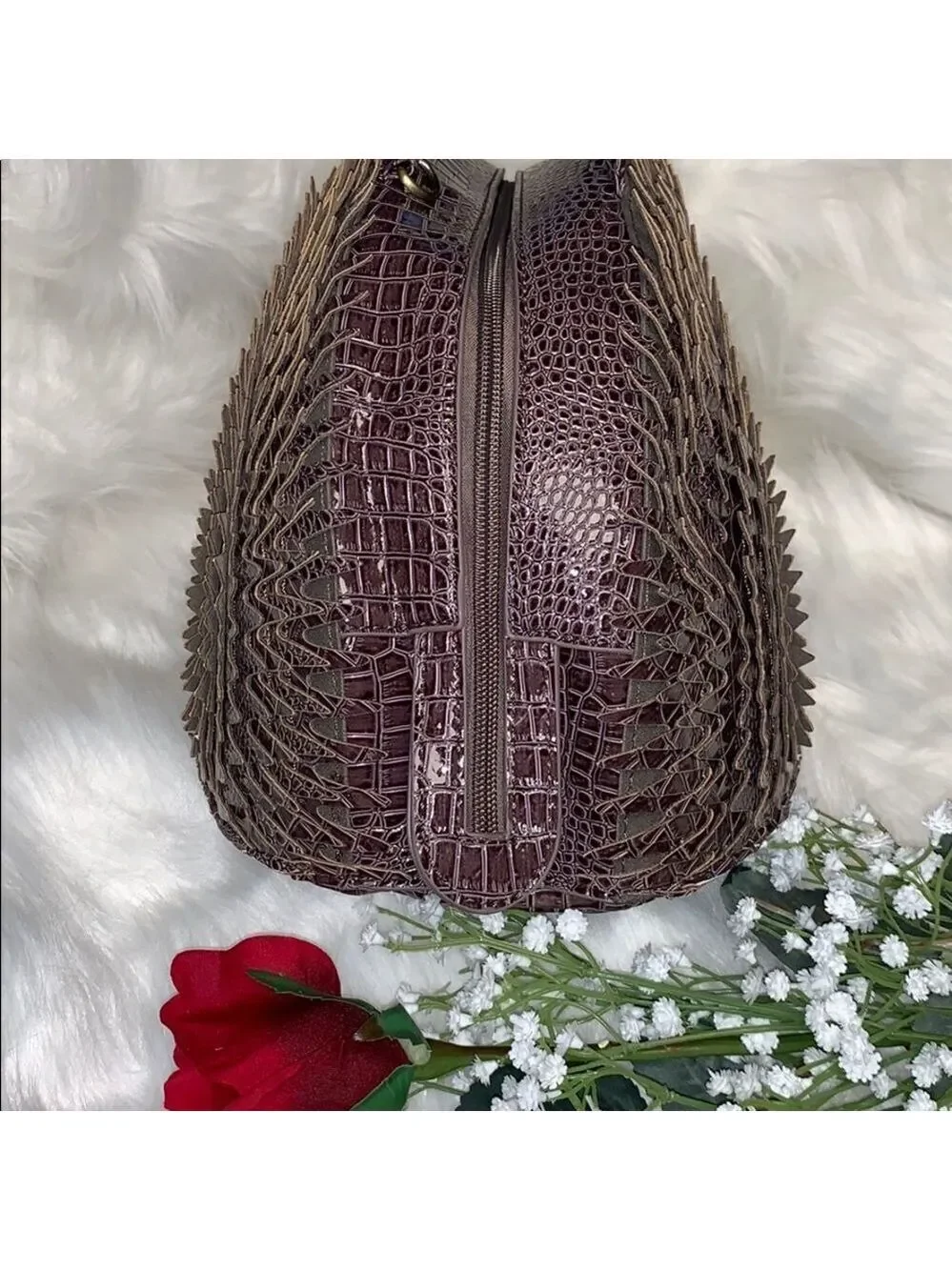 HEDGEHOG NOVELTY BAG PURPLE CROC EMBOSSED SATCHEL UNIQUE STATEMENT HANDBAG